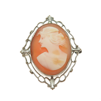 Antique Silver-Tone Cameo Victorian Lady Pin Brooch