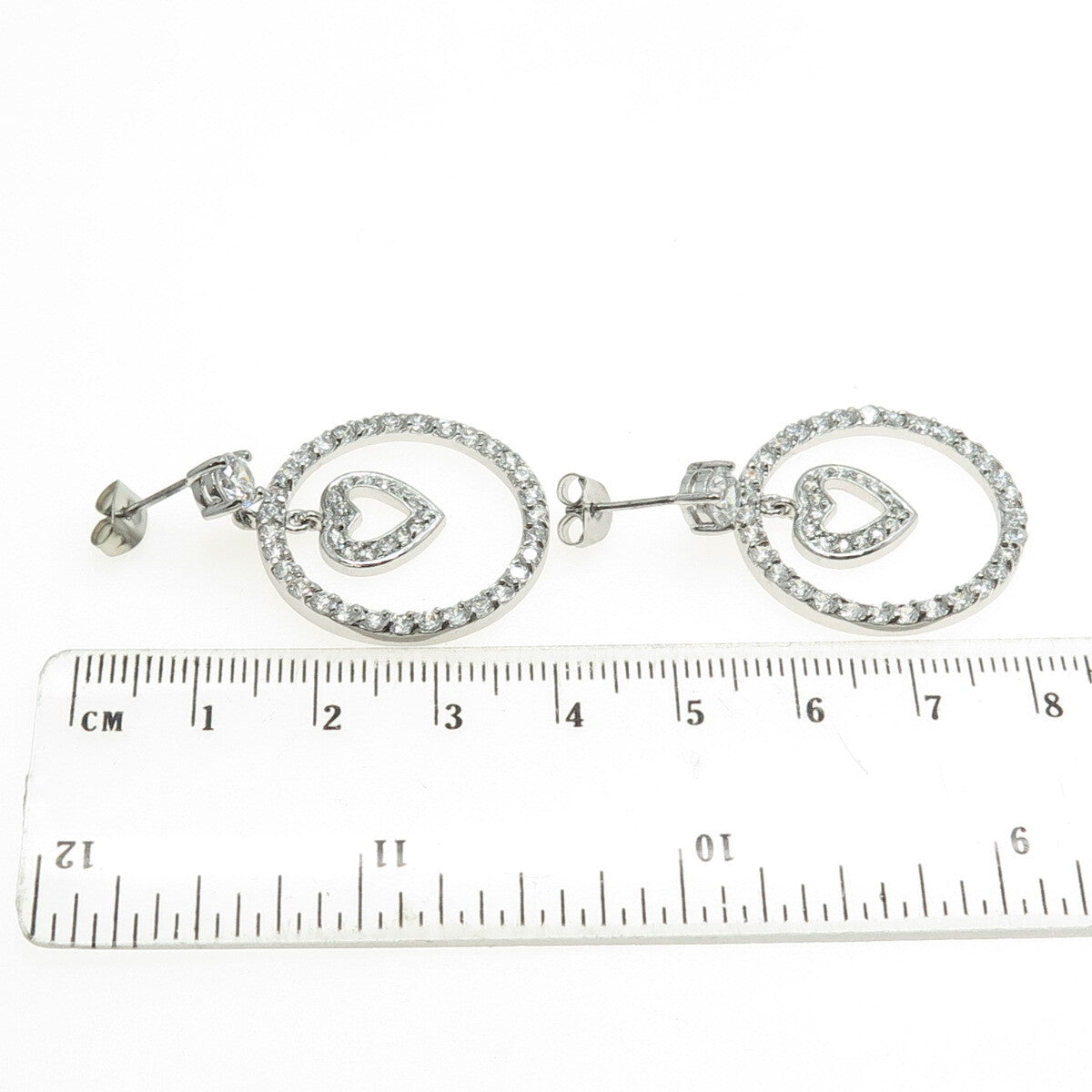 925 Sterling Silver Round-Cut C Z Circle of Life & Heart Dangling Earrings
