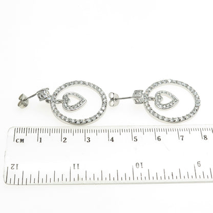 925 Sterling Silver Round-Cut C Z Circle of Life & Heart Dangling Earrings
