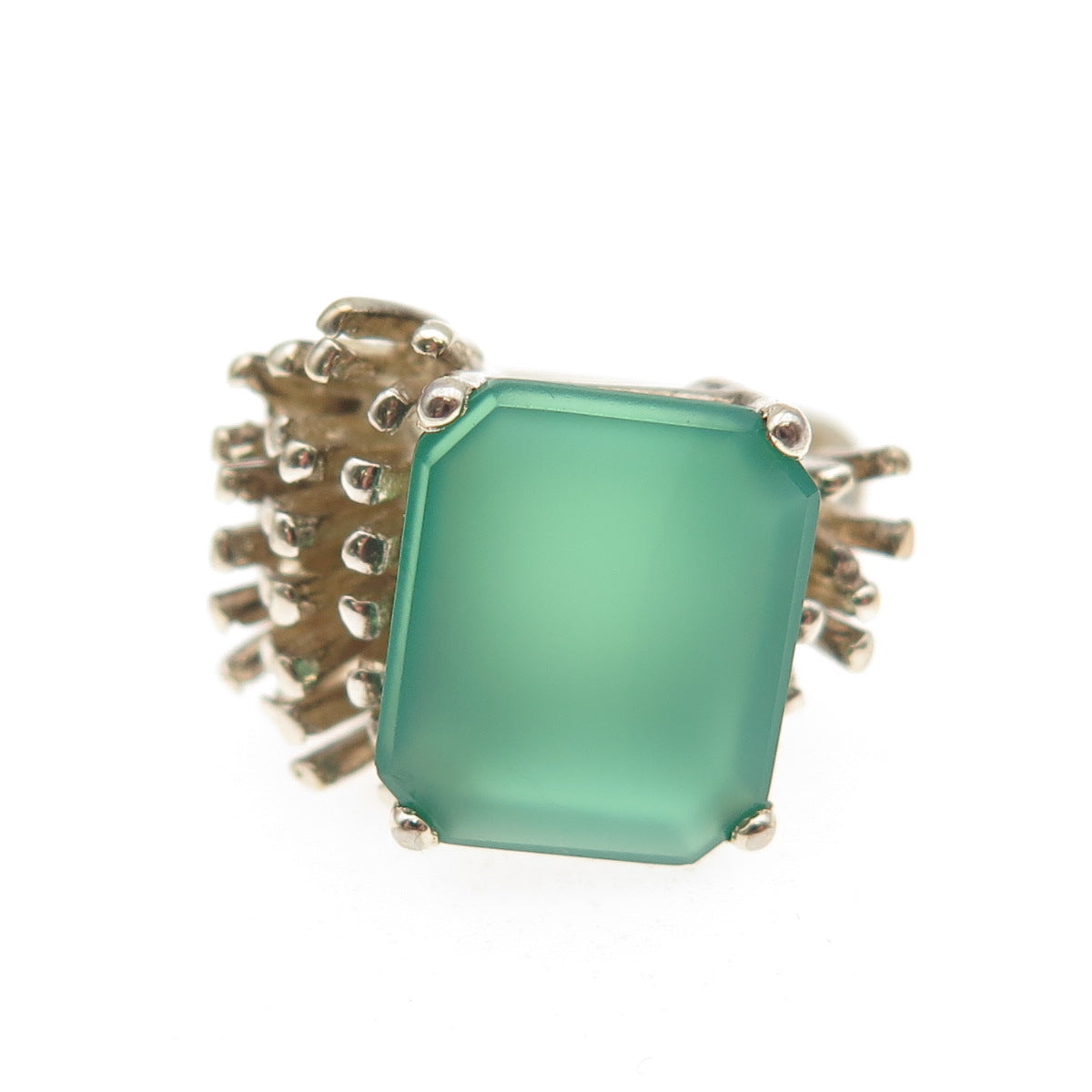 925 Sterling Gold Plated Vintage Real Green Chalcedony Modernist Ring Size 5.25