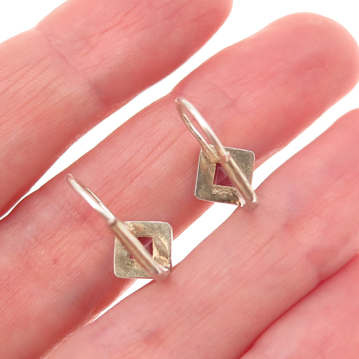 925 Sterling Silver Vintage Real Princess-Cut Amethyst Earrings