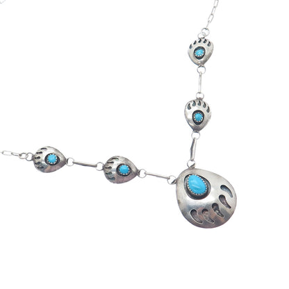 SELENA JAKE Old Pawn 925 Sterling Silver Turquoise Bear Paw Chain Necklace 18"