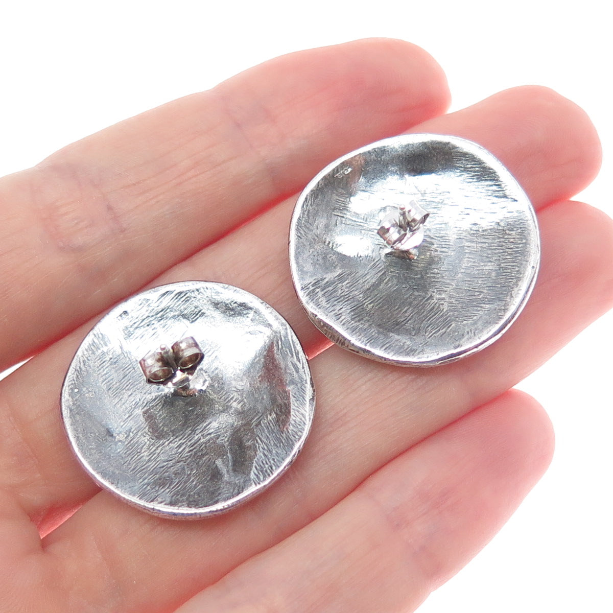 925 Sterling Silver Vintage Modernist Flower Disc Oxidized Earrings