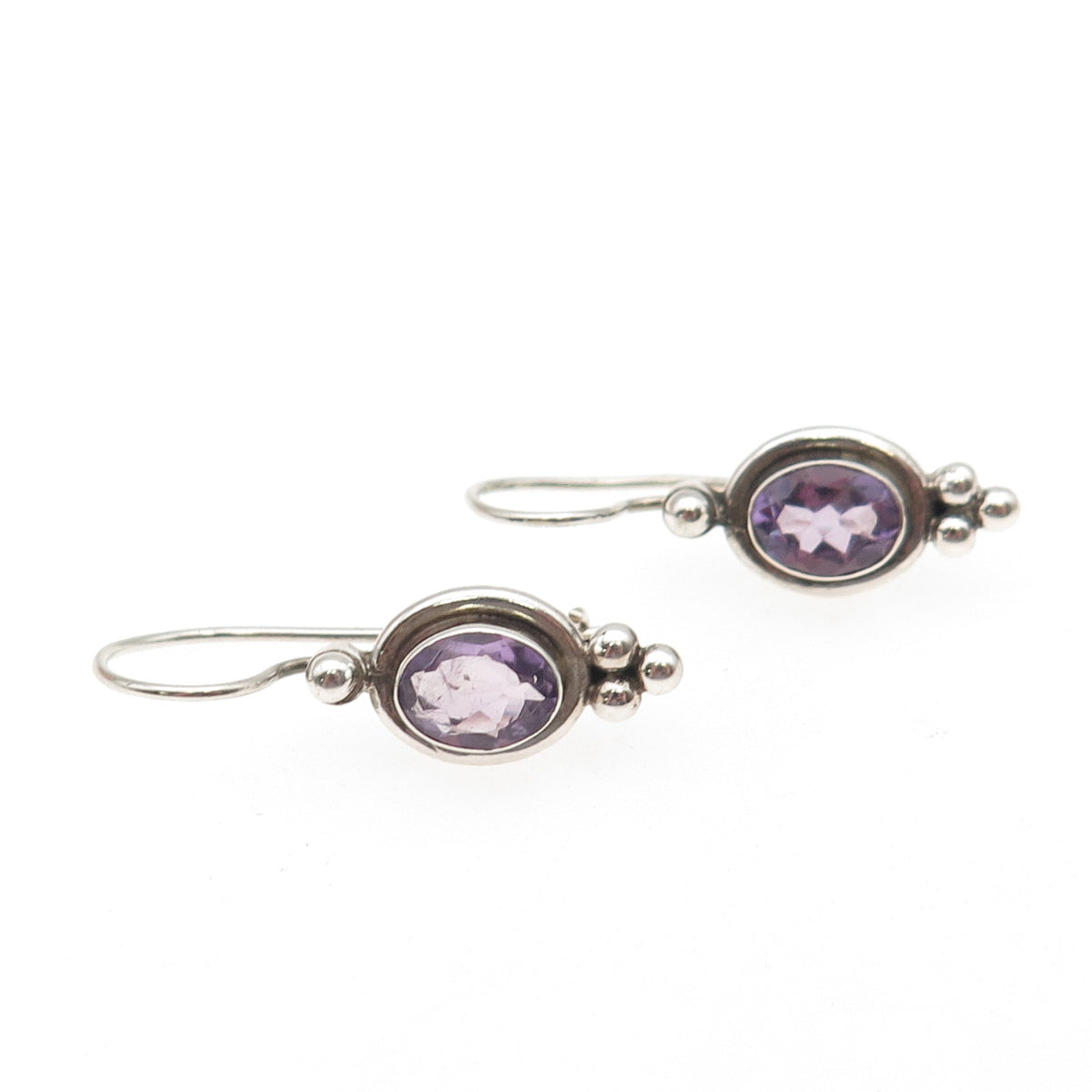 925 Sterling Silver Vintage Real Oval-Cut Amethyst Beaded Earrings