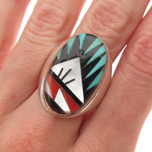 Lucy Gchachu Zuni Old Pawn 925 Sterling Turquoise Coral Onyx MOP Ring Size 11.5