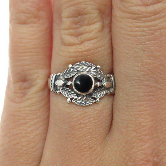 925 Sterling Silver Vintage Real Black Onyx Floral Leaf Oxidized Ring Size 7.25