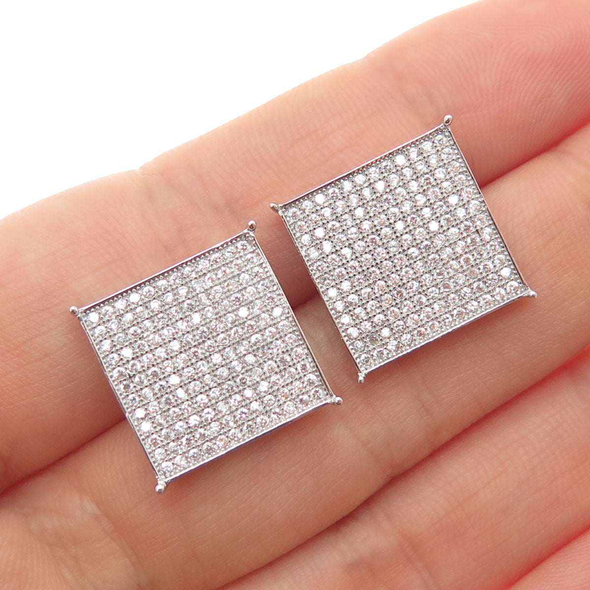 925 Sterling Silver Round-Cut C Z 15mm Square Stud Earrings