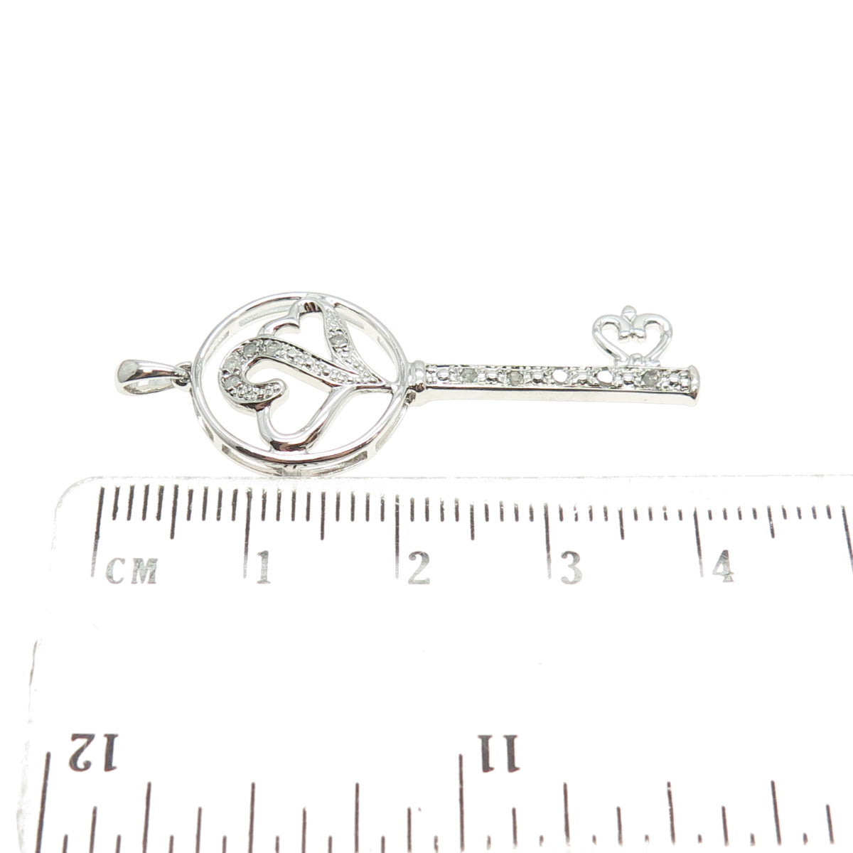 925 Sterling Silver Real Round-Cut Diamond Heart Key Pendant