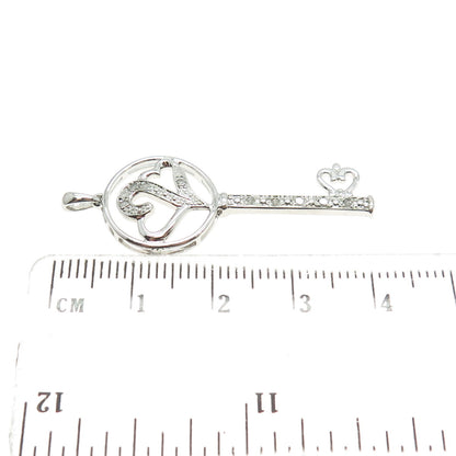 925 Sterling Silver Real Round-Cut Diamond Heart Key Pendant