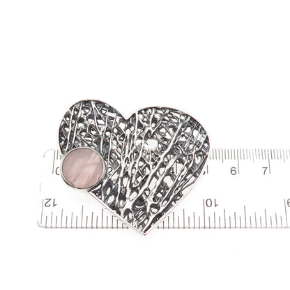 925 Sterling Vintage Real Rose Quartz Modernist Heart Oxidized Slide Pendant