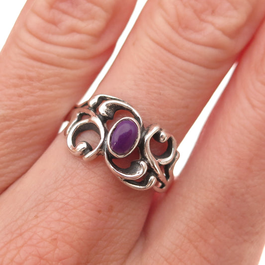 Ted Ott 925 Sterling Silver Vintage Real Sugilite Scroll Oxidized Ring Size 8.75