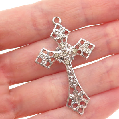 925 Sterling Silver Antique Art Deco Rhinestone Floral Cross Charm Pendant