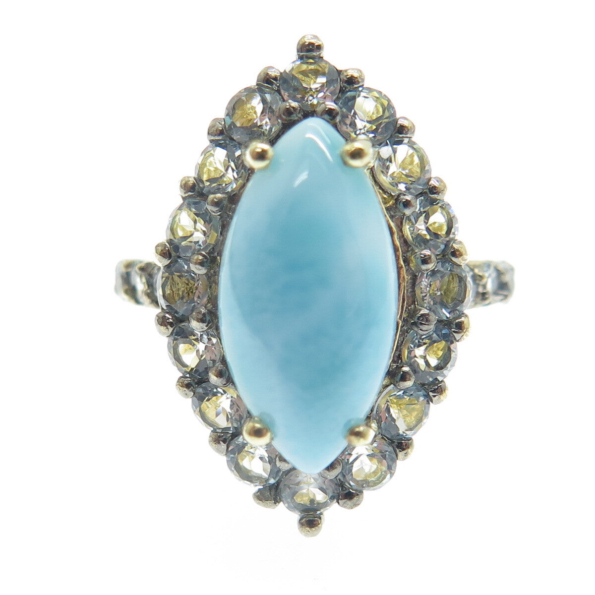 925 Sterling Silver Gold Plated Marquise-Cut Larimar Blue Topaz Gem Ring Size 5