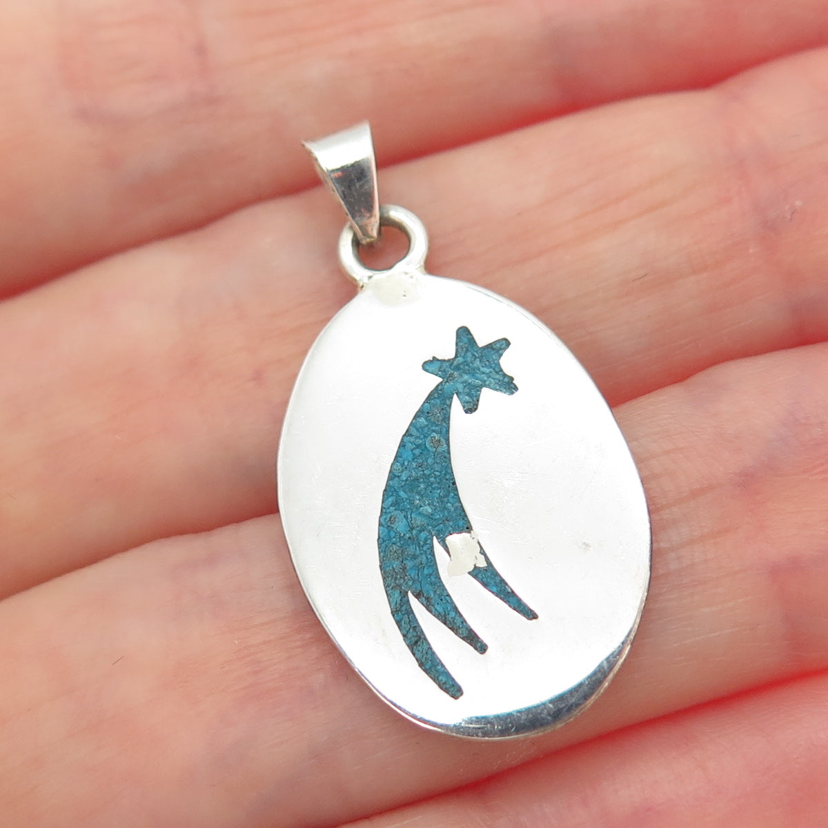 925 Sterling Silver Vintage Mexico Real Turquoise Inlay Falling Star Pendant