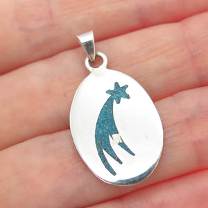 925 Sterling Silver Vintage Mexico Real Turquoise Inlay Falling Star Pendant