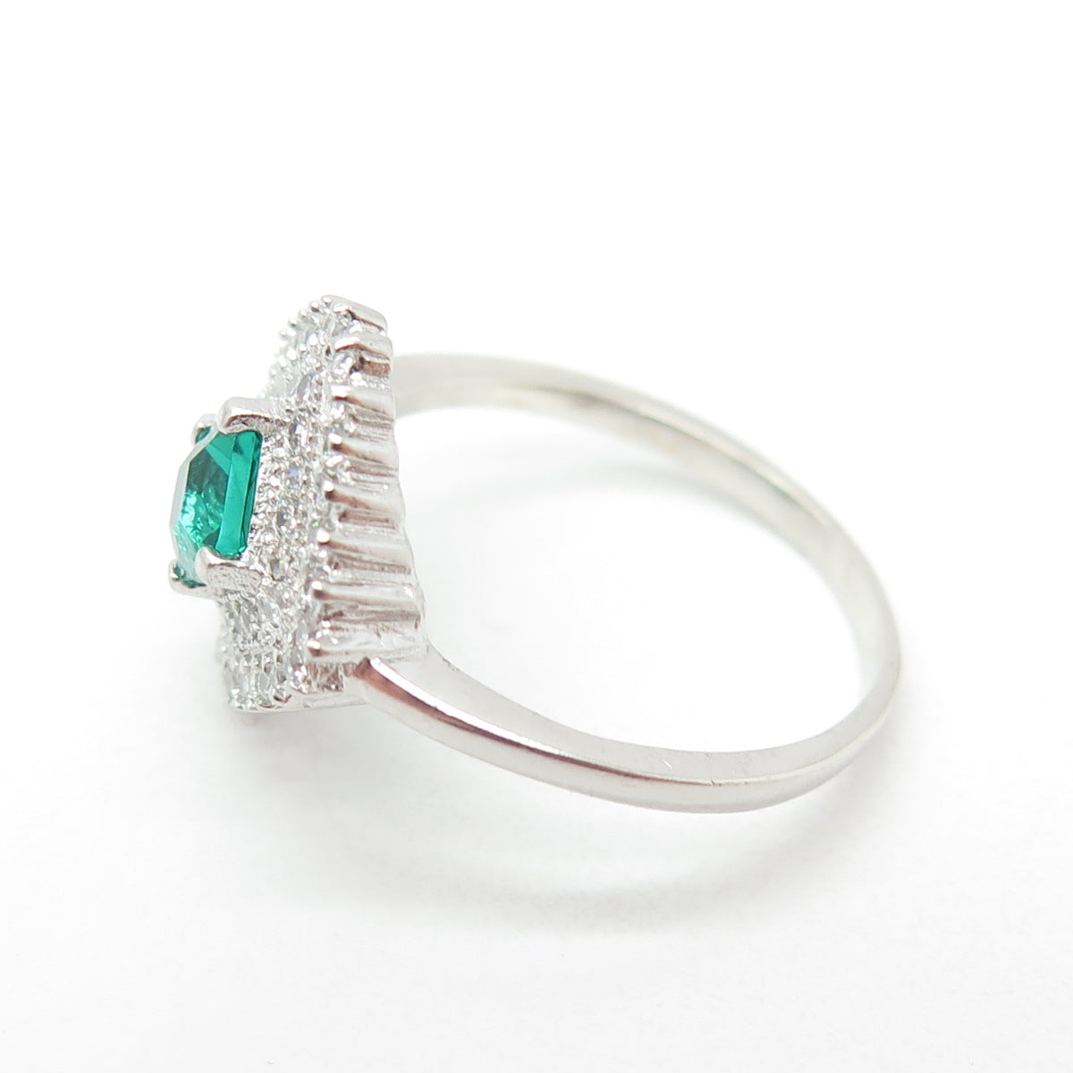 925 Sterling Silver Nano Emerald & Round-Cut C Z Ring Size 7.75