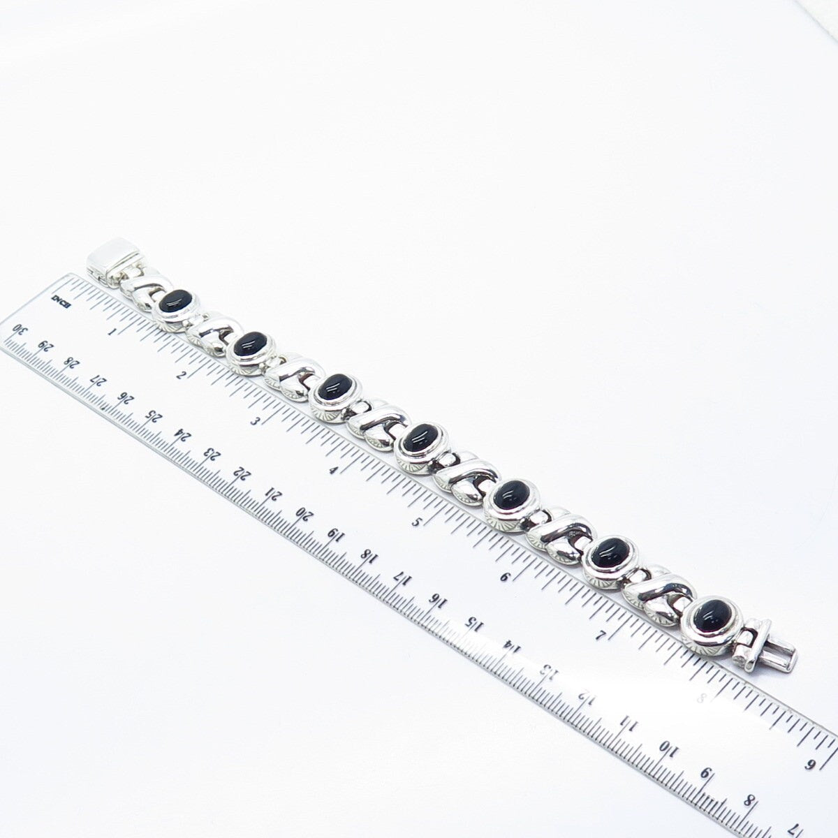 925 Sterling Silver Vintage Italy Real Black Onyx Gem XO Link Bracelet 7.75"