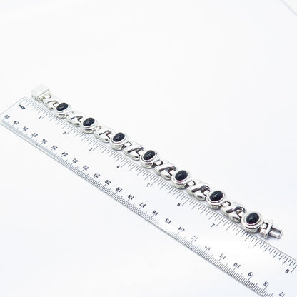 925 Sterling Silver Vintage Italy Real Black Onyx Gem XO Link Bracelet 7.75"