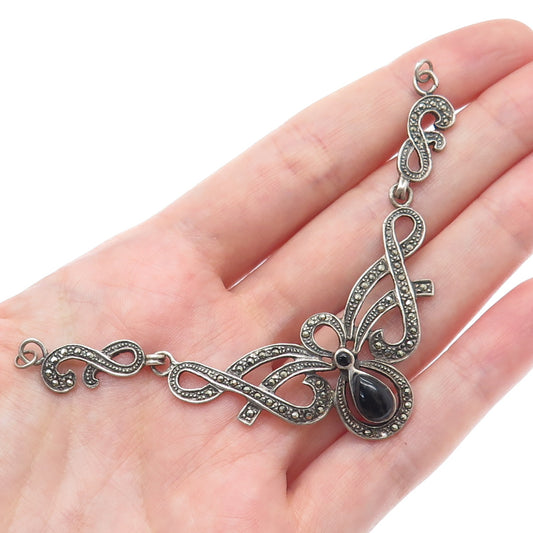 925 Sterling Silver Vintage Onyx Marcasite Centerpiece Pendant (missing 1 stone)