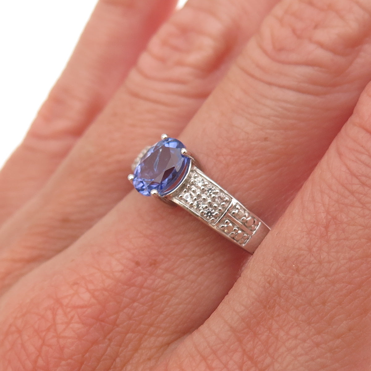 925 Sterling Silver Real Tanzanite & White Topaz Ring Size 8