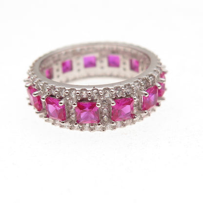 925 Sterling Silver Lab-Created Ruby & C Z All Around Band Ring Size 5.5