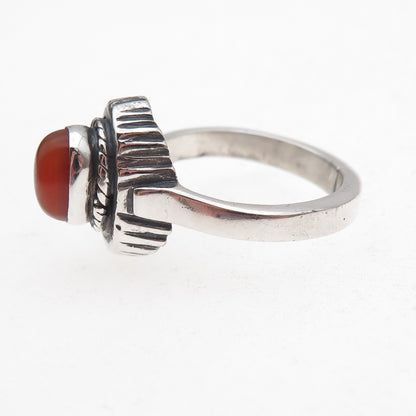 925 Sterling Silver Vintage Real Carnelian Modernist Oxidized Ring Size 7.5
