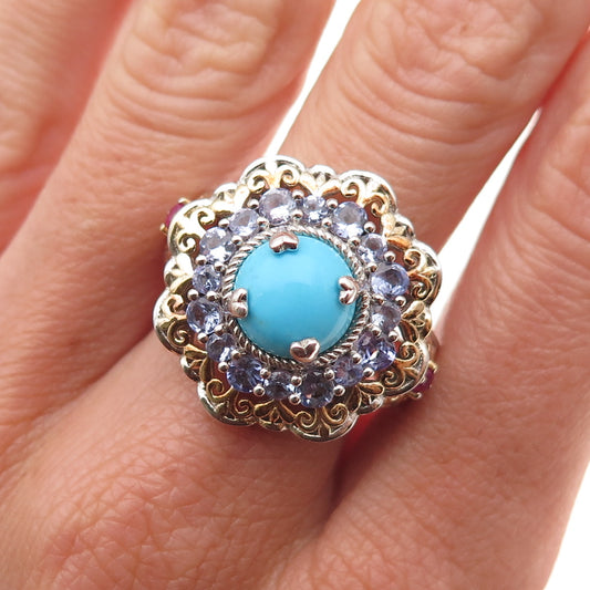 Chuck Clemency 925 Sterling 2-Tone Real Turquoise Tanzanite & Ruby Ring Size 8