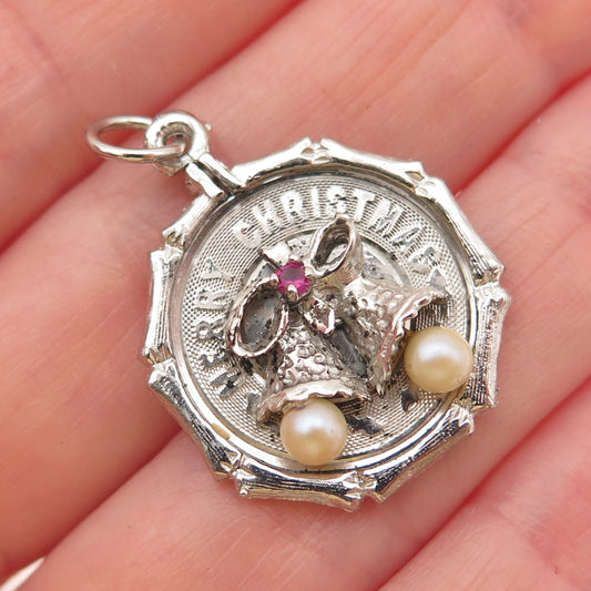 925 Sterling Silver Vintage Faux Pearl Rhinestone Merry Christmas Charm Pendant