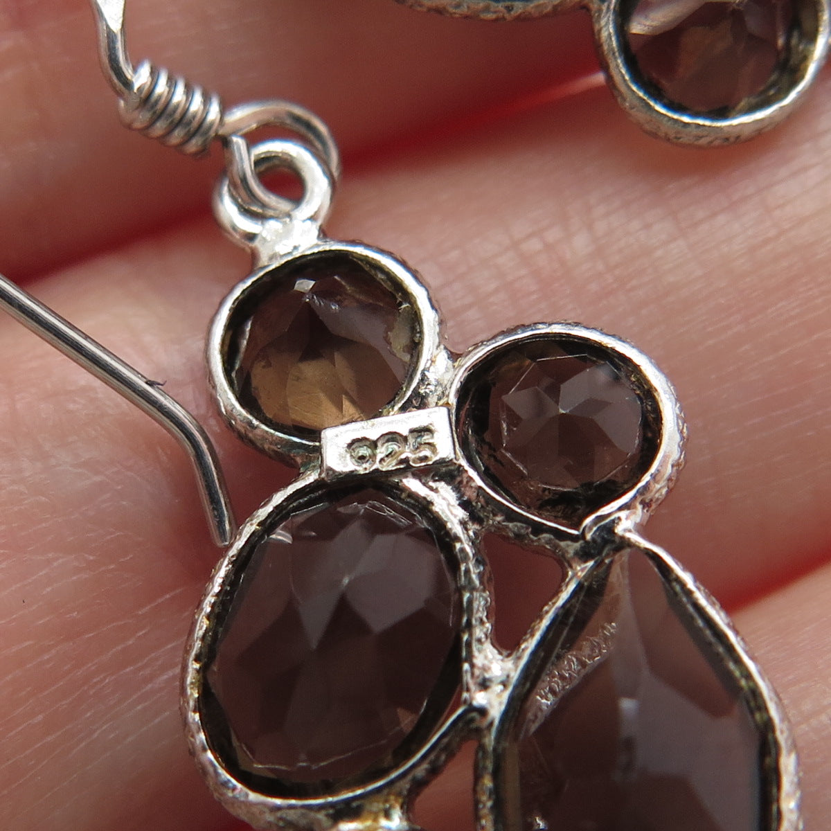 925 Sterling Silver Vintage Real Smoky Quartz Cluster Dangle Earrings