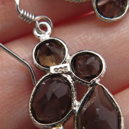 925 Sterling Silver Vintage Real Smoky Quartz Cluster Dangle Earrings