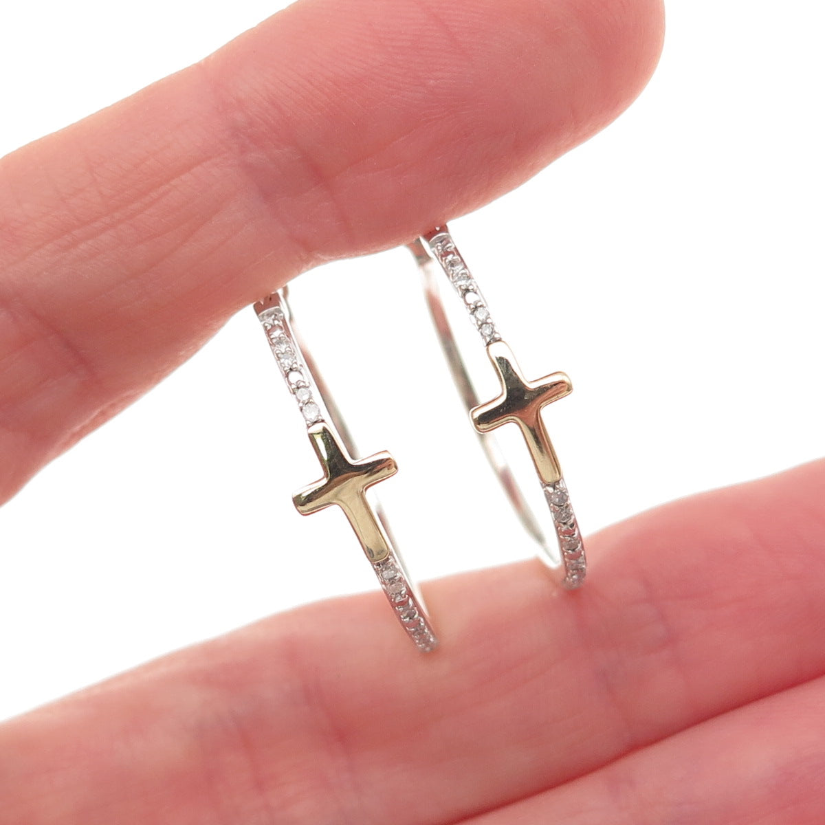 Sun 925 Sterling Silver 10K Gold Real Round-Cut Diamond Cross Hoop Earrings