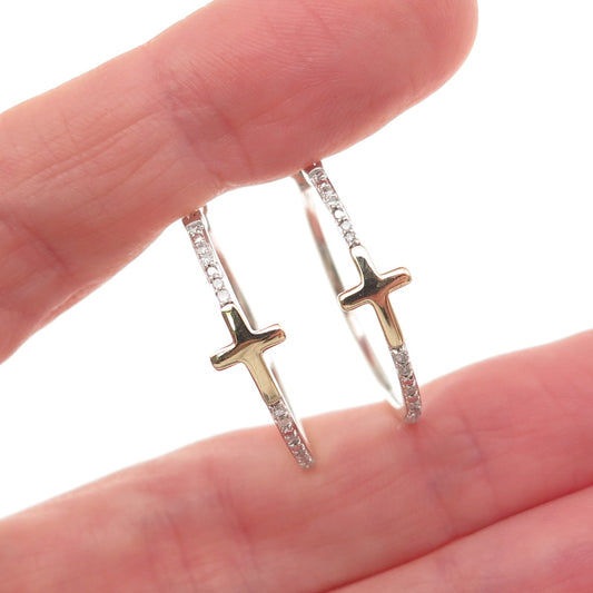 Sun 925 Sterling Silver 10K Gold Real Round-Cut Diamond Cross Hoop Earrings