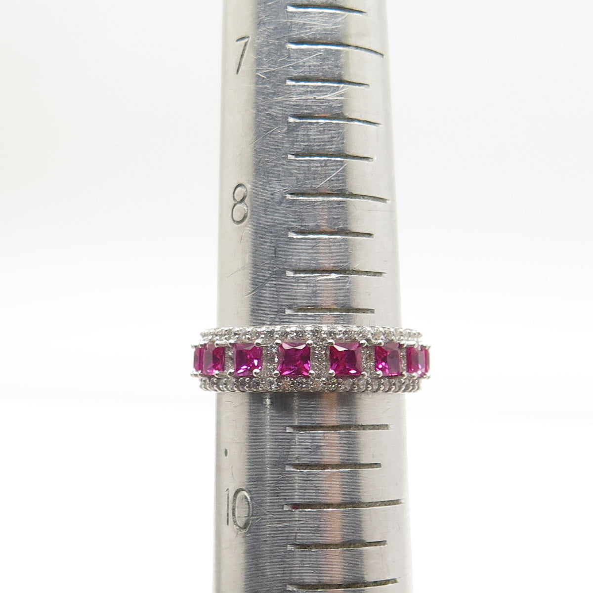 925 Sterling Silver Lab-Created Pink Sapphire & C Z Band Ring Size 9.25