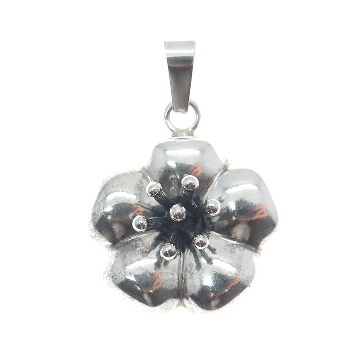 925 Sterling Silver Vintage Mexico Puffy Flower Oxidized Pendant