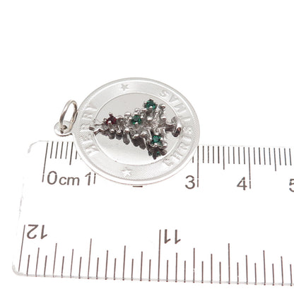 925 Sterling Silver Vintage Rhinestone Merry Christmas Tree Charm Pendant