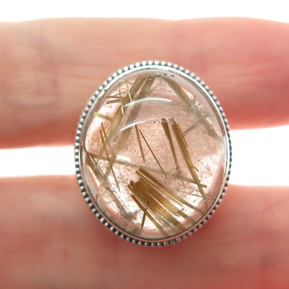 925 Sterling Silver Vintage Real Cabochon Rutilated Quartz Swirl Ring Size 9.75