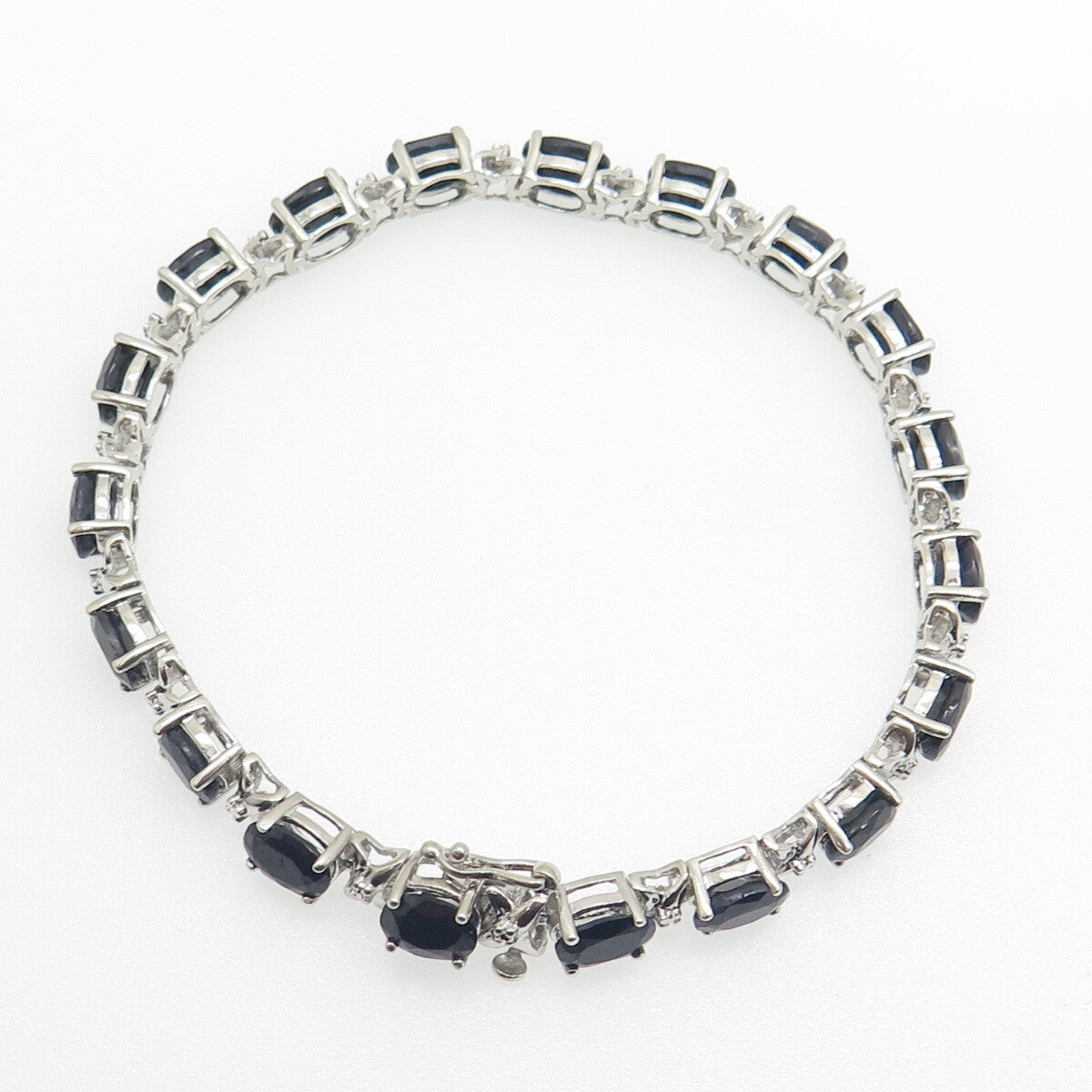 HN HENG NGAI 925 Sterling Silver Real Oval-Cut Sapphire "X" Link Bracelet 7.25"