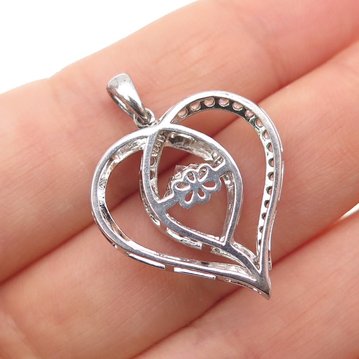 JH YOUNG 925 Sterling Silver Round-Cut C Z Heart Charm Pendant