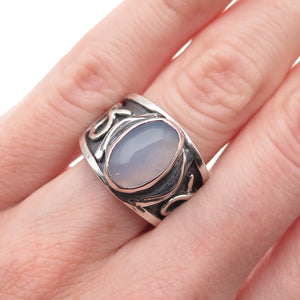 925 Sterling Silver Vintage Real Chalcedony Modernist Oxidized Ring Size 5