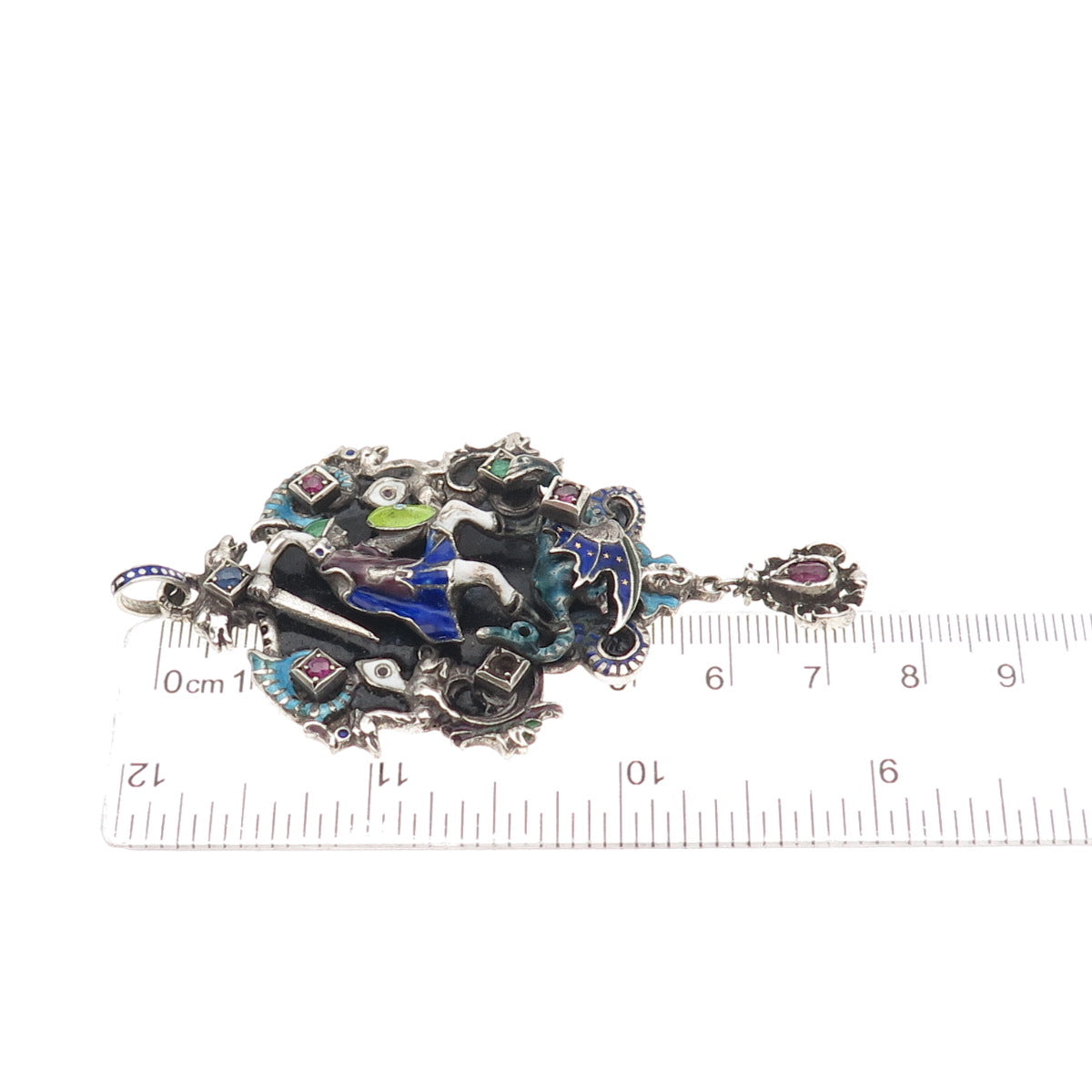 Antique Austro-Hungarian Silver Enamel Multi-Color Gem Pendant (missing 1 stone)
