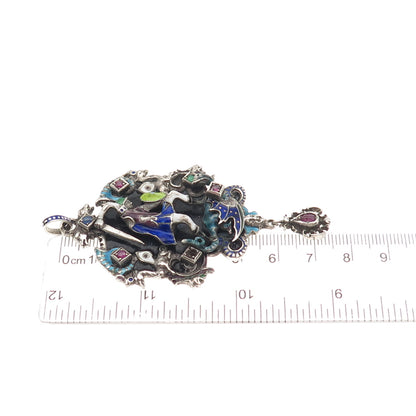 Antique Austro-Hungarian Silver Enamel Multi-Color Gem Pendant (missing 1 stone)