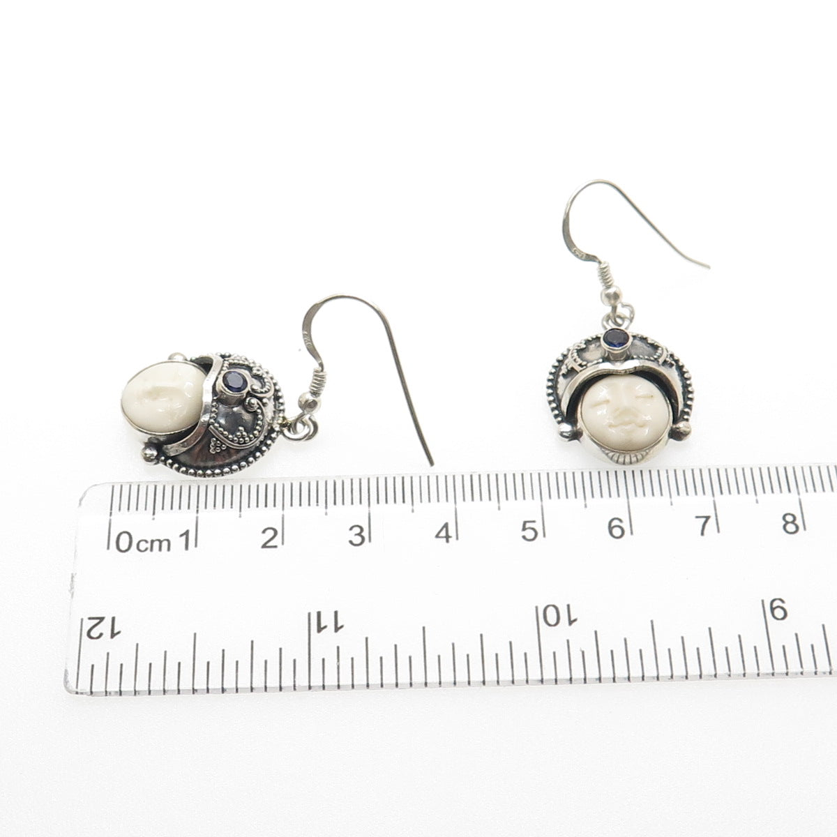 925 Sterling Silver Vintage Real White Onyx & Iolite Moon Face Dangle Earrings