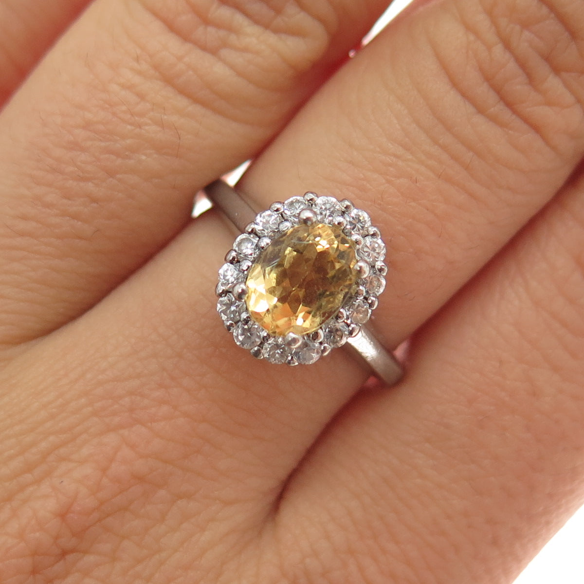 925 Sterling Silver Real Oval-Cut Citrine & C Z Ring Size 7.25