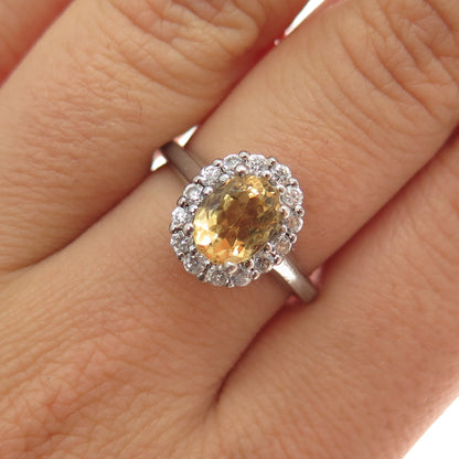 925 Sterling Silver Real Oval-Cut Citrine & C Z Ring Size 7.25