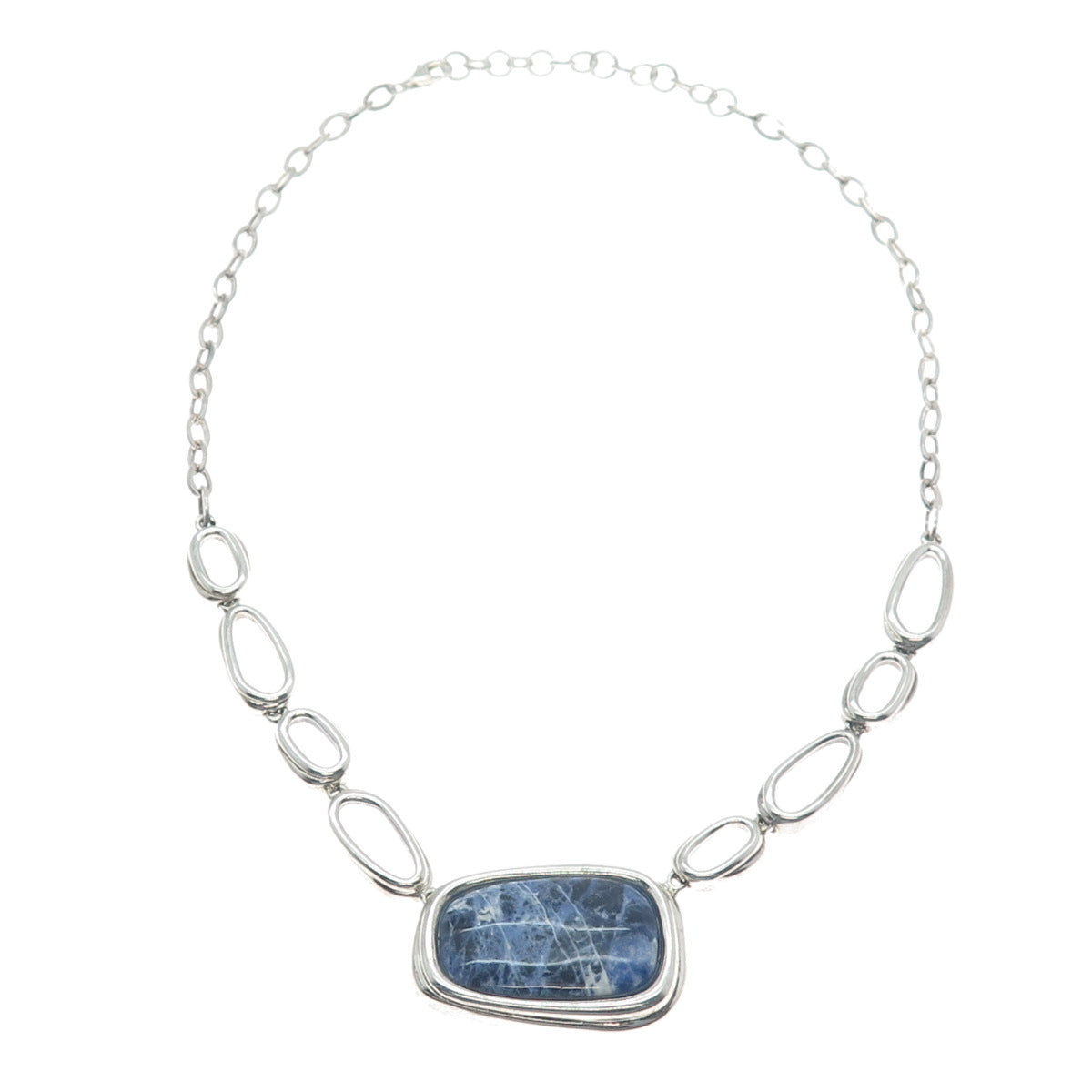 925 Sterling Silver Vintage Real Sodalite Modernist Chain Necklace 16-18"