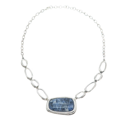 925 Sterling Silver Vintage Real Sodalite Modernist Chain Necklace 16-18"