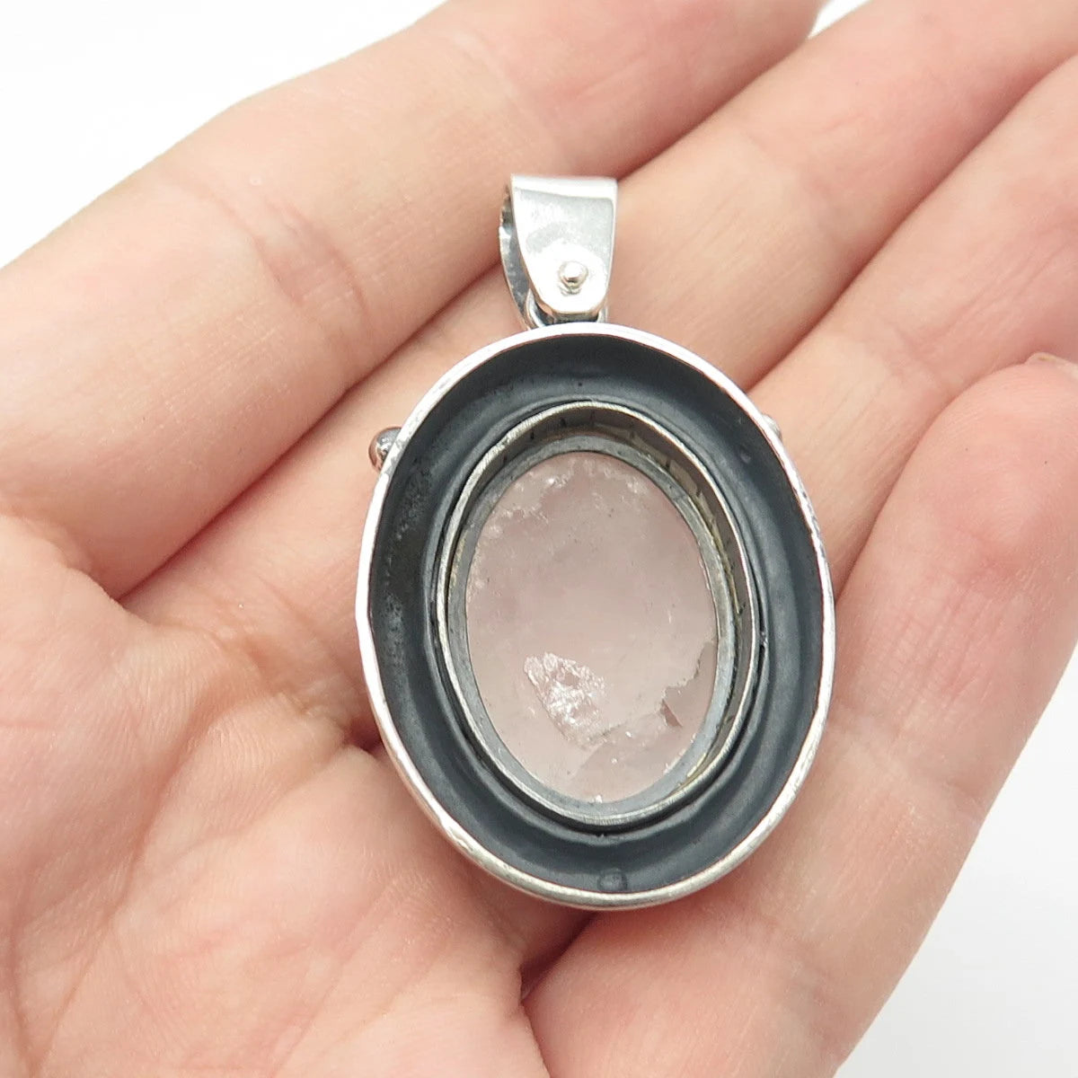 925 Sterling Silver Vintage Real Rose Quartz Gem Amulet Pendant