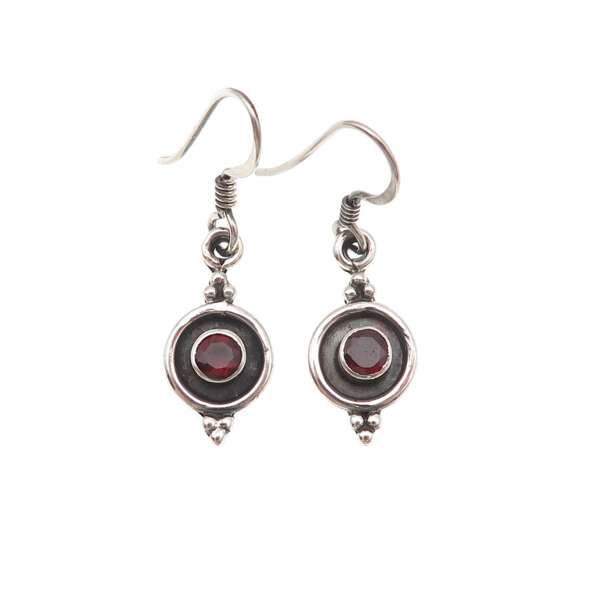 925 Sterling Silver Vintage Real Red Garnet Modernist Oxidized Dangle Earrings
