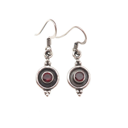 925 Sterling Silver Vintage Real Red Garnet Modernist Oxidized Dangle Earrings