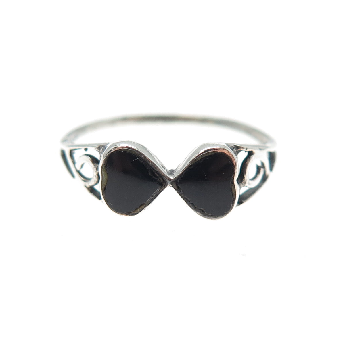 925 Sterling Silver Vintage Real Black Onyx Double Heart Spiral Ring Size 7.5